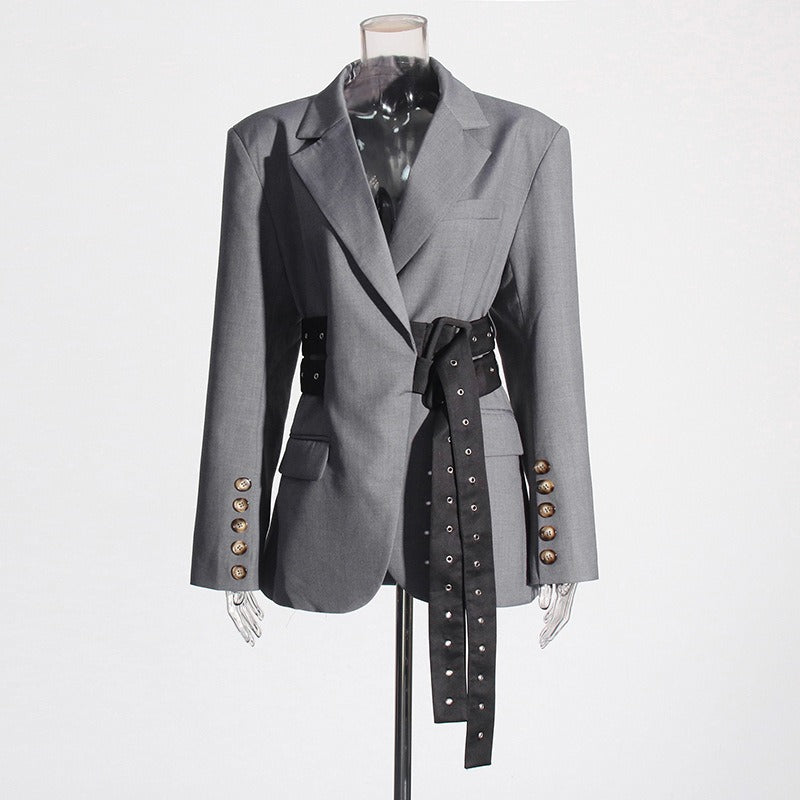 Women's Splicing Lace-Up Slimming Waist Suit Jacket